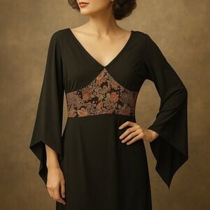 Vintage RAG Cold Shoulder Black Dress with Brocade Detail – M Made In USA 🇺🇸